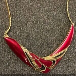 Vintage Red Enameled Choke Statement Necklace Gold Chain Elegant Costume Jewelry
